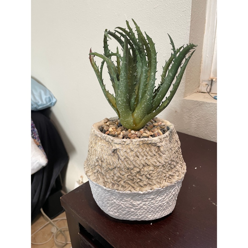 Faux Aloe Succulent in Decorative Woven Look Planter Neutral Tones